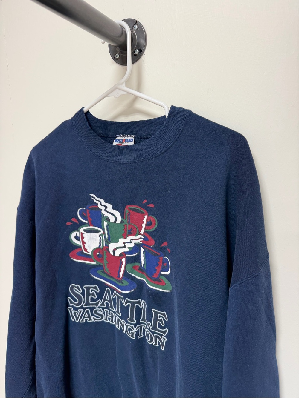 Vintage 90s Seattle Washington Coffee Mug Sweatshirt Jerzees Made USA XL Navy r